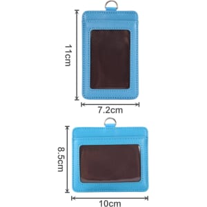A blue PU leather card holder with a transparent window, featuring dimensions for easy reference.