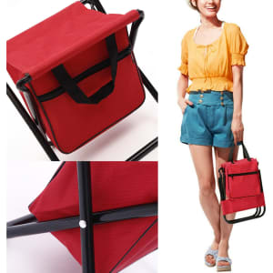 A red foldable camping chair with a bag, featuring a sturdy frame and two carrying handles.