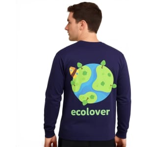 A navy long-sleeved V-neck shirt featuring a graphic of a cartoon earth with trees and a turtle, along with the word "ecolover".