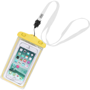 A waterproof phone bag in yellow with a transparent cover and a white strap, featuring a logo on the front.