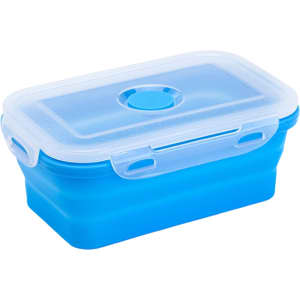 A collapsible silicone food storage container in vibrant blue with a transparent lid and a branded logo.