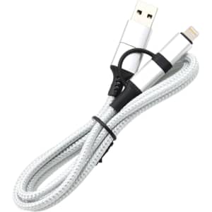 A braided charging cable in silver, featuring USB and Lightning connectors, with a black rubber tie for organisation.