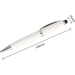A white metal pen with silver accents and a black stylus tip, measuring 140mm in length and 15mm in diameter.