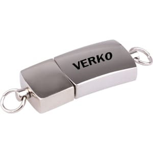 A metallic flash drive with a sleek design, featuring a logo, in silver.