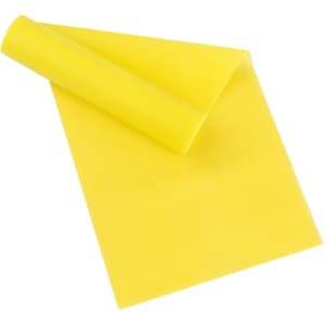 A yellow latex-free TPE fitness resistance band rolled and laid flat, suitable for sports and exercise.