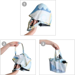 A folding umbrella in shades of blue and yellow, styled like a handbag, held in hands for demonstration.