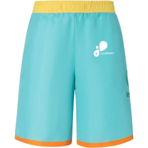 Men's polyester sublimated beach shorts in teal, featuring a yellow waistband and orange trim, with a logo.
