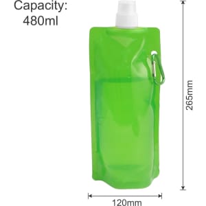 A drink bottle with a collapsible design, made of green material, featuring a spray nozzle and a logo.