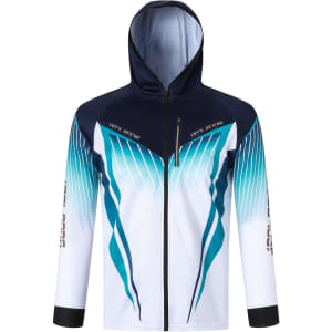 A men's hooded jacket in white, navy, and teal, featuring a sublimated design and a logo on the sleeve.