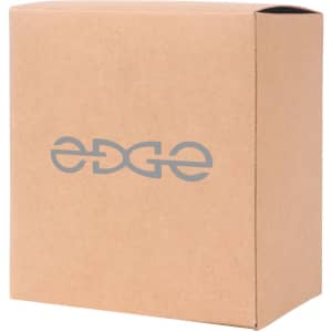 A medium square gift box in natural brown cardboard featuring a grey logo on the front.