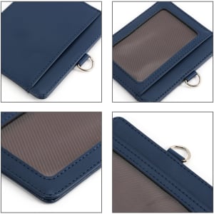 A navy PU leather card holder with a transparent ID window and a metal ring, featuring four different angles.