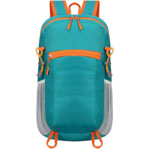 A packable hiking backpack in teal with orange accents and mesh side pockets, featuring zippers and attachment points.