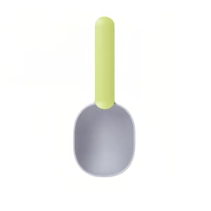 A 2 in 1 pet food scoop with a light green handle and a grey scoop head, featuring a simple design and a logo.