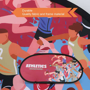 A bean-shaped pop-up banner featuring vibrant illustrations of athletes in action, with a logo included.