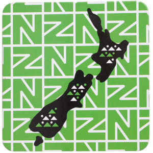 A green cork coaster featuring a black outline of New Zealand and geometric patterns. It has a logo on the corner.