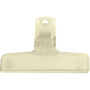 A translucent yellow plastic magnetic clip with a sturdy grip and a hole for easy hanging.