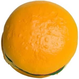 A hamburger-shaped stress reliever in bright yellow with green and red detailing. It has a smooth surface and rounded shape.