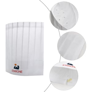 A disposable non-woven chef hat in white featuring ventilation holes and a logo at the base.