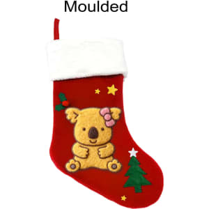 A red Christmas stocking with a white cuff features a koala design, embellished with felt and stars.