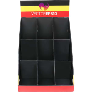 A counter display with nine black pockets and a coloured top section, featuring a logo.