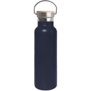 A drink bottle featuring a navy blue finish and a bamboo lid, designed with a stainless steel cap and handle.