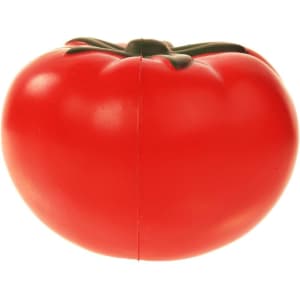 A bright red tomato-shaped stress reliever with green detailing at the top and a smooth surface, featuring a logo.