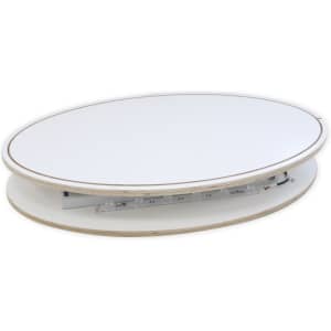An oval backlit LED display with a white surface, designed for exhibitions and events. It features a logo.