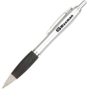 A silver metal pen with a black rubber grip and a branding logo.