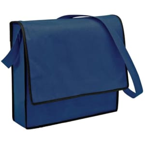 A blue non-woven sling bag with a flap closure and an adjustable strap. It features a logo on the front.