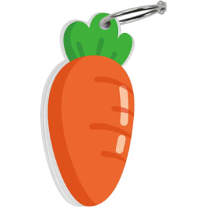 A custom-shaped index card in the form of a carrot, featuring orange and green colours with a metal ring.