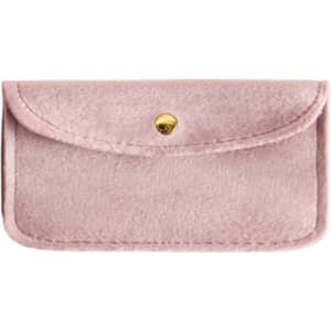 A pink velvet glasses pouch with a gold snap closure, designed for storing eyewear.