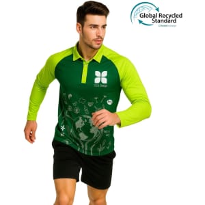 A man is wearing a green and yellow long-sleeved polo shirt with a logo and a design featuring eco-friendly elements.