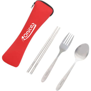 A red zippered case containing three stainless steel travel utensils: a fork, spoon, and chopsticks.