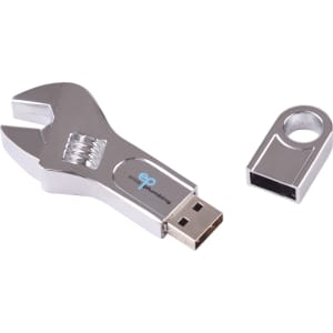 A shiny silver spanner-shaped flash drive with a removable cover. The product includes a small attachment ring.