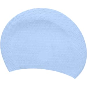 A light blue silicone swimming cap with a textured surface and a logo.