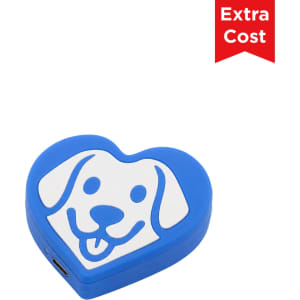 A blue heart-shaped wireless charger featuring a dog face design, with a logo on the side.