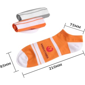 Low cut custom pattern socks in orange and white, featuring pink branding, with folded pairs in grey and white.