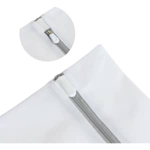 A white mesh laundry bag with a zipper closure and a circular inset highlighting the zipper detail.