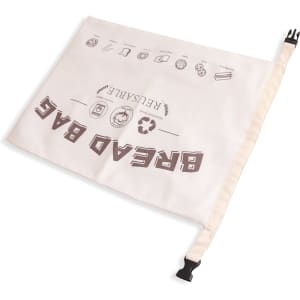 A reusable linen bread bag in natural colour, featuring a clip closure and a logo design.