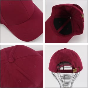 A maroon cotton baseball cap with a hard top, featuring an adjustable strap and a logo.