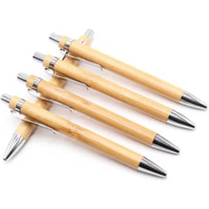 A set of eco-friendly bamboo pens with silver accents, featuring a sleek design and metallic nibs.