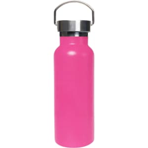 A drink bottle in vibrant pink with a stainless steel lid and a handle. Features a logo on the body.