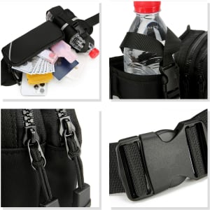 A drink bottle secured in a black fanny pack, featuring multiple compartments and a buckle strap.
