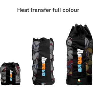 A set of three drawstring mesh ball bags in black, featuring a colourful graphic design and a logo.