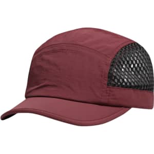 A short brimmed mesh running cap in burgundy with a black mesh panel and logo.