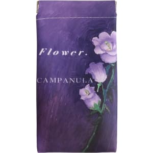 A purple glasses pouch featuring a floral design with light purple flowers and a logo.