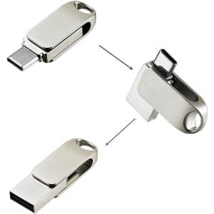 A silver FlexLink Type-C flash drive, featuring a retractable design with dual connectors. It has a sleek, metallic finish.