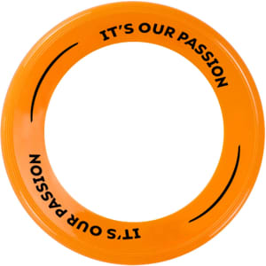 An orange flyer with a circular shape featuring a logo and text around the edge.