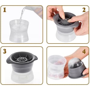 A whisky ice ball mould in grey and clear plastic, featuring step-by-step instructions for use.