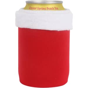 A drink bottle holder in red with a white fluffy trim, designed for Christmas celebrations. It features a logo.